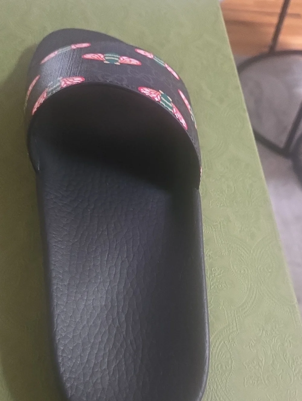 Gucci Black Slide Sandals with Red & Green Bee Print